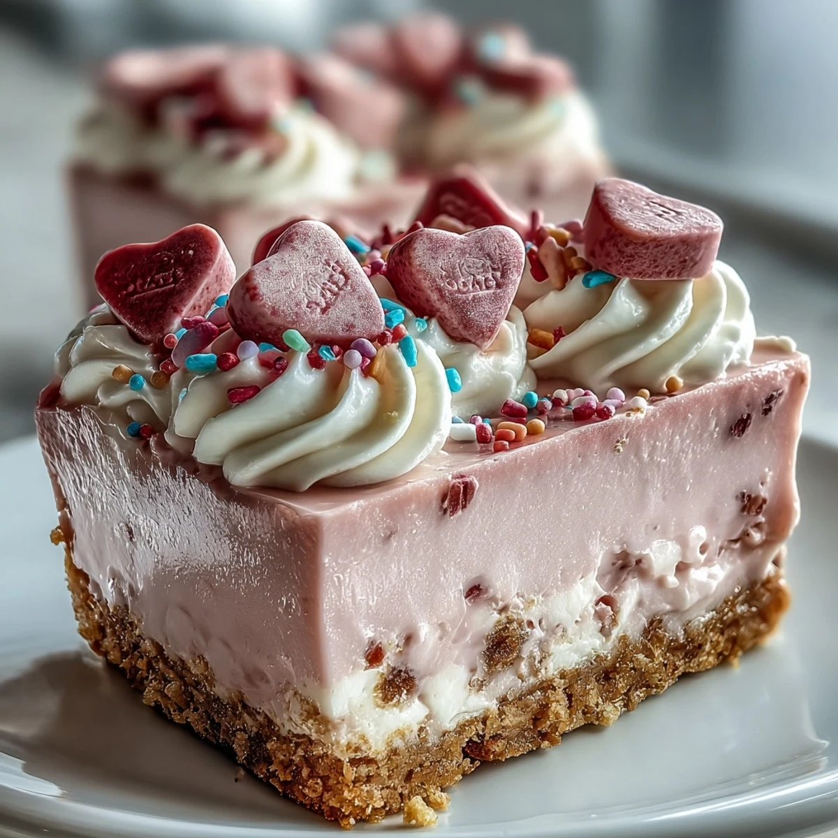 Whole Candy Hearts Fake Cake presented on a platter, a pastel confection with a buttery crust and silky cream cheese filling, ready to serve.