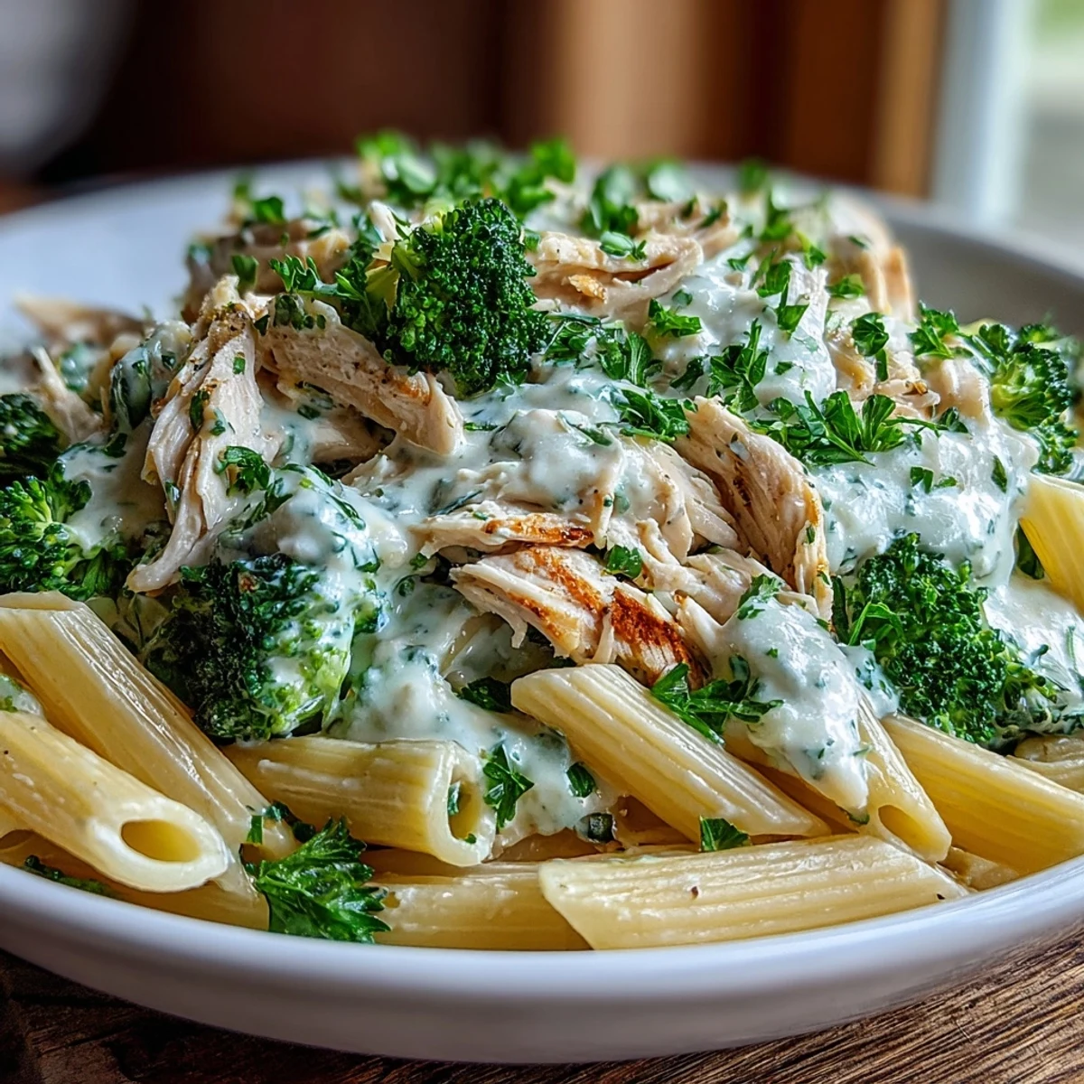Bright green broccoli and juicy rotisserie chicken tossed in a creamy Greek yogurt sauce with whole-wheat penne.