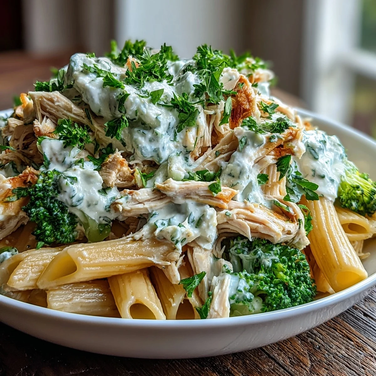 Cheesy High Protein Rotisserie Chicken Broccoli Pasta served warm in a skillet with garlic and lemon zest.