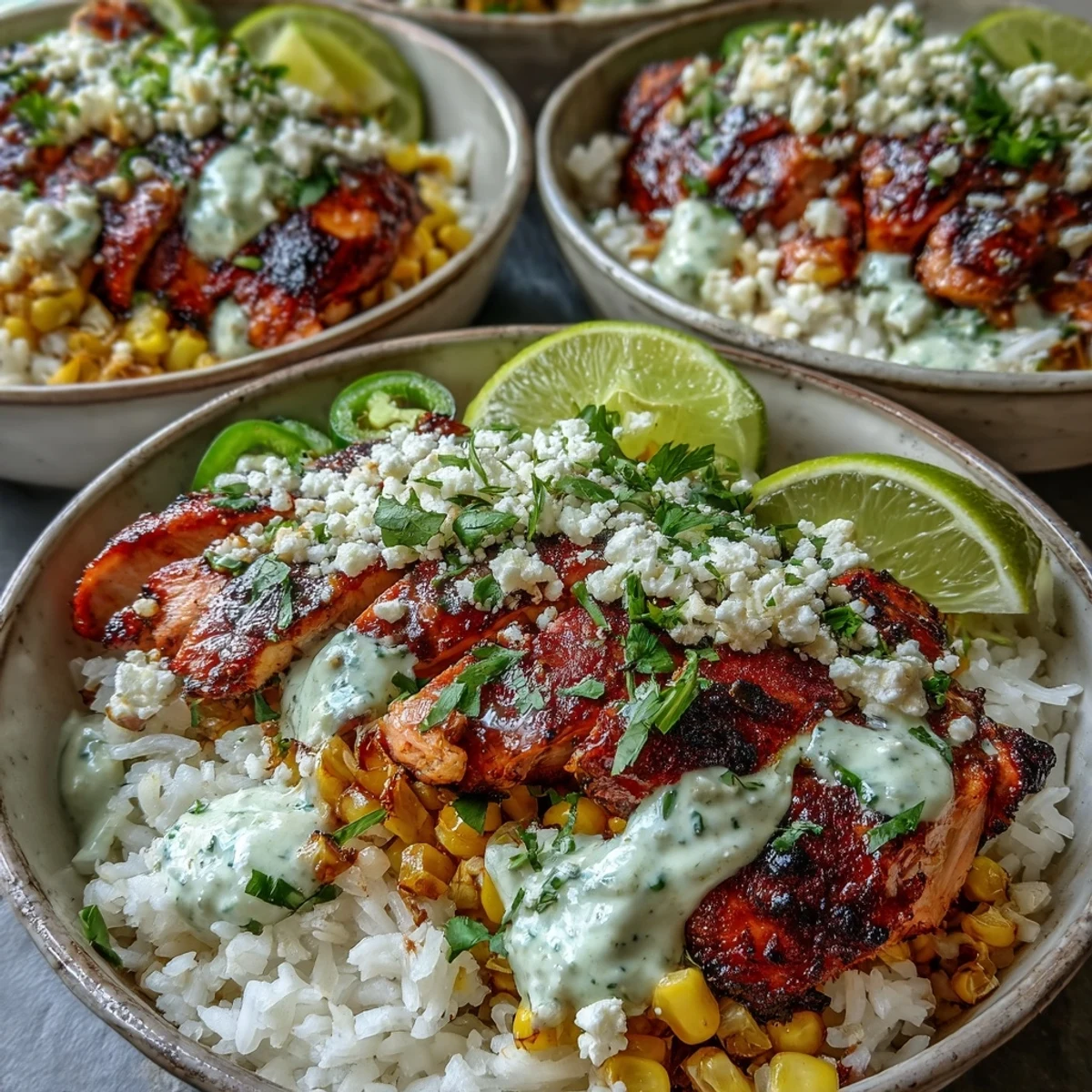 Golden-brown citrus-marinated chicken thighs rest over fluffy rice and smoky charred corn in a Street Corn Chicken and Rice Bowl.