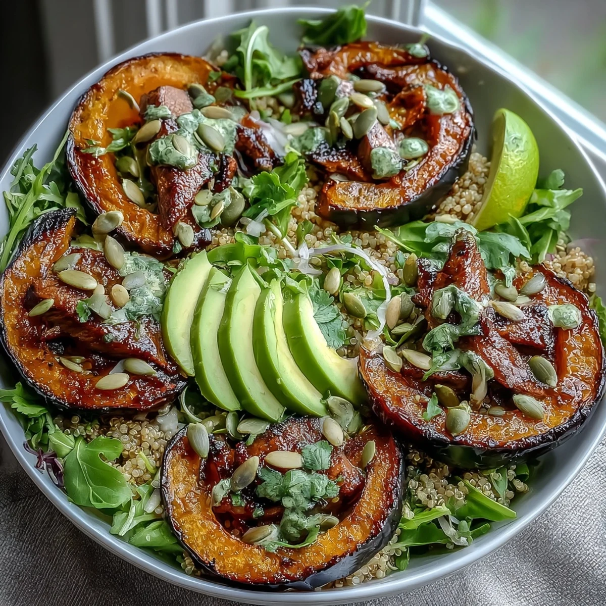 Fluffy quinoa and greens cradle roasted cubes of butternut squash steak bowls topped with sliced steak and creamy avocado.