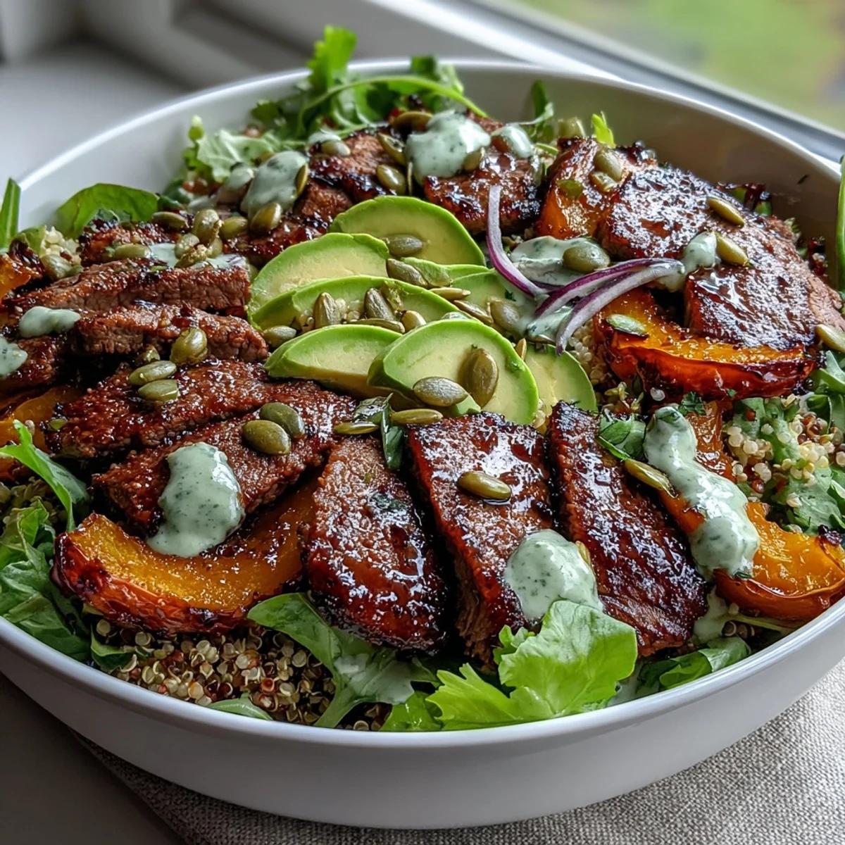 A close-up of butternut squash steak bowls drizzled with lime cilantro dressing and sprinkled with toasted pepitas.