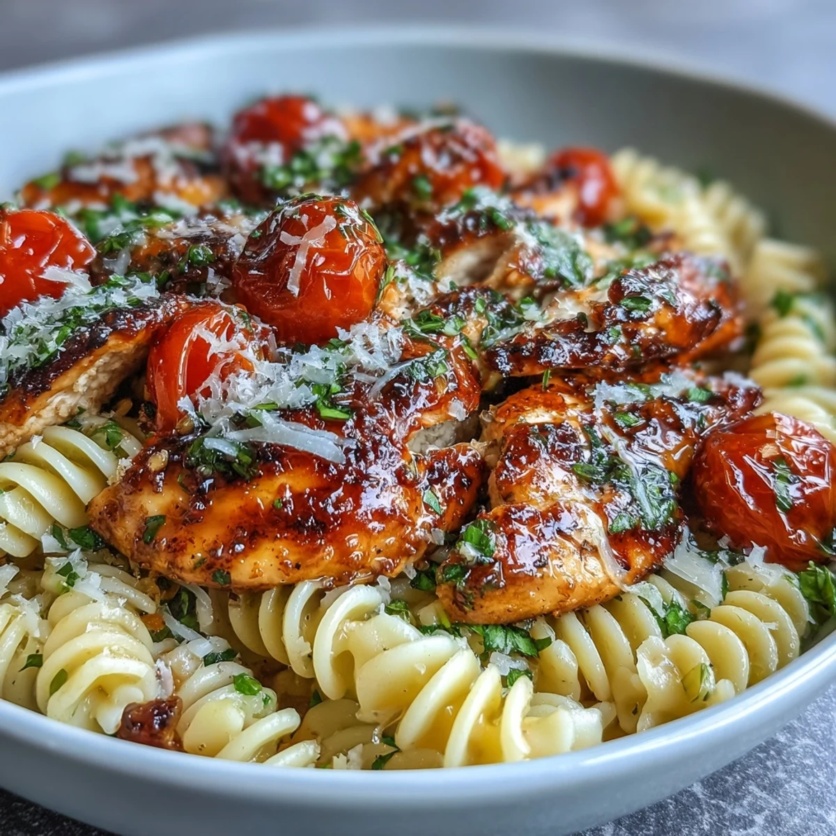 A generous serving of Bruschetta Chicken Pasta topped with melted mozzarella, fresh basil, and a drizzle of balsamic glaze.