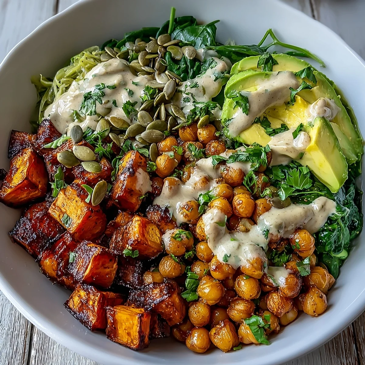 Roasted Sweet Potato and Chickpea Bowl with golden, caramelized veggies and creamy chipotle tahini drizzle.