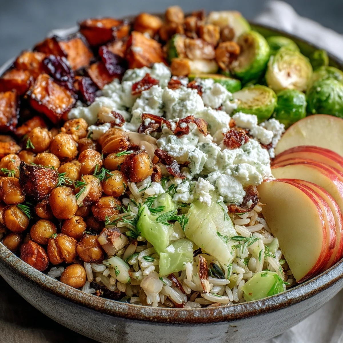 Vibrant Fall Harvest Bowl with roasted sweet potatoes, Brussels sprouts, and massaged kale topped with almonds.