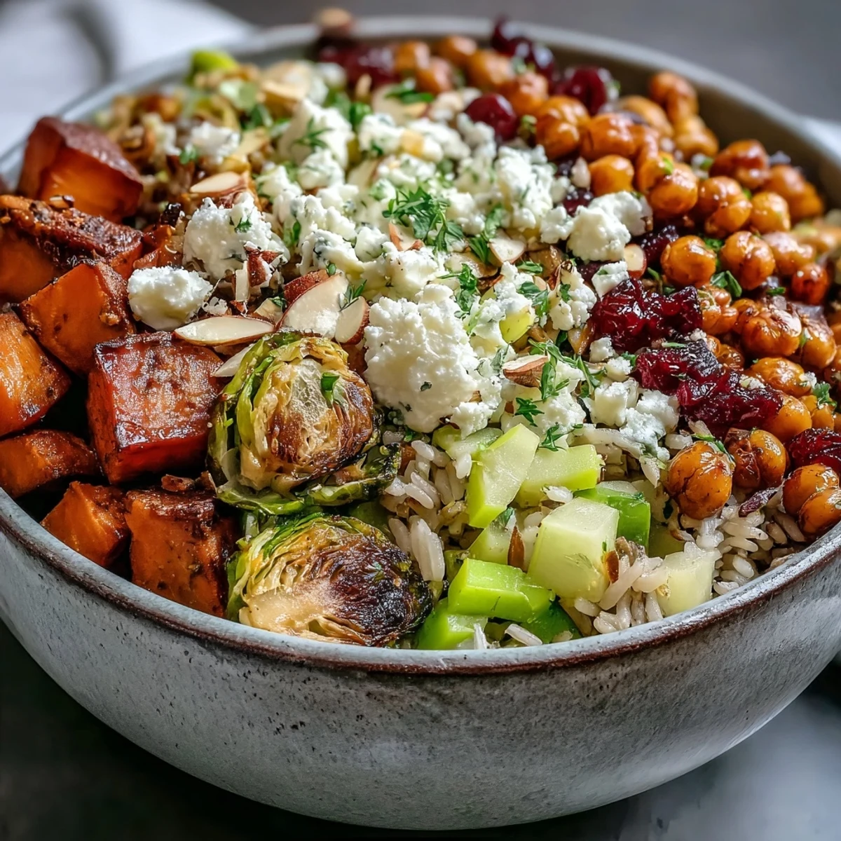 A hearty Fall Harvest Bowl with crisp apples, toasted almonds, and feta over colorful roasted vegetables and grains.