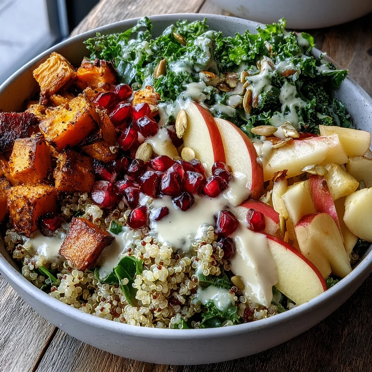 Bright pomegranate seeds and crunchy pepitas top a hearty Kale Harvest Grain Bowl, drizzled with tangy maple Dijon dressing.