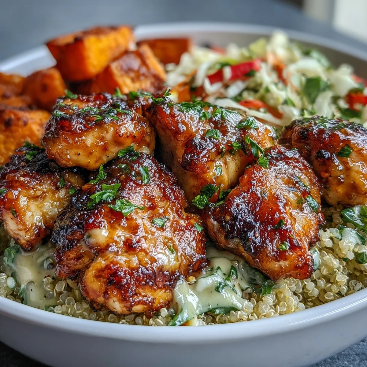 Fork-tender spiced chicken pieces and caramelized sweet potatoes in a Hot Honey Chicken Bowl with creamy dressing.