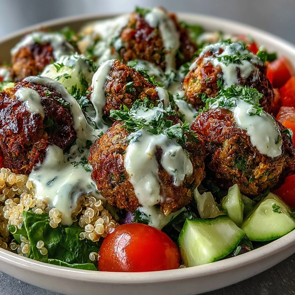 A close-up view of a hearty Falafel Quinoa Salad Bowl with golden-brown falafel, vibrant fresh veggies, and a luscious garlic tahini drizzle perfect for a nutritious lunch.