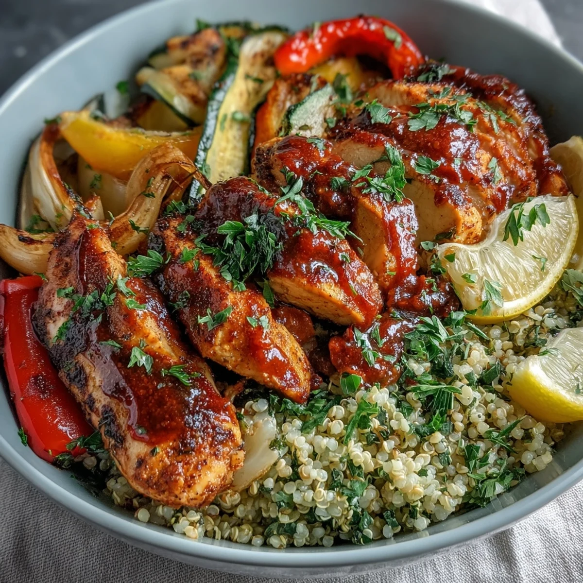 Hearty and gluten-free, this paprika herb chicken roasted vegetable quinoa bowl features creamy Greek yogurt dollops and fragrant, spicy rose harissa.