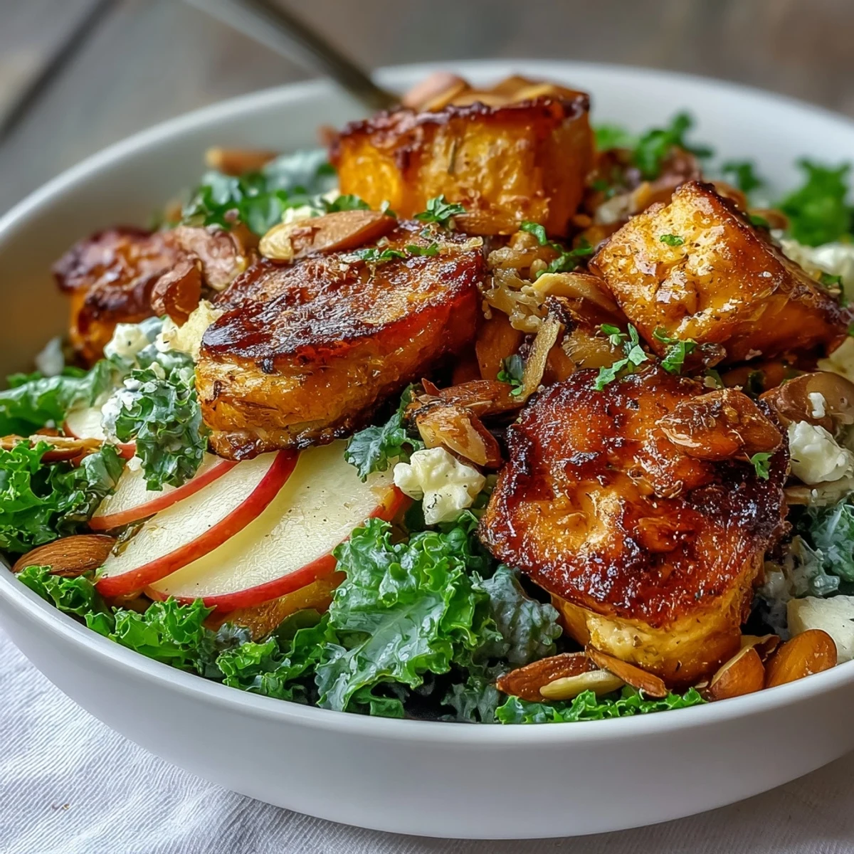 A close-up of a Fall Sweet Potato Harvest Bowl, featuring roasted chicken, caramelized sweet potatoes, and crisp apples on a bed of kale.