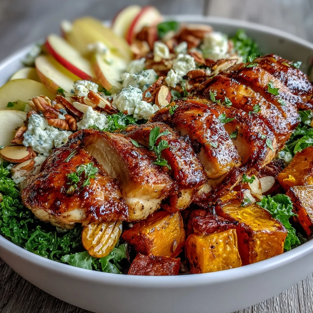 A vibrant serving of Fall Sweet Potato Harvest Bowl with sliced roasted chicken, golden sweet potatoes, fresh kale, and apple slices, ready to enjoy.