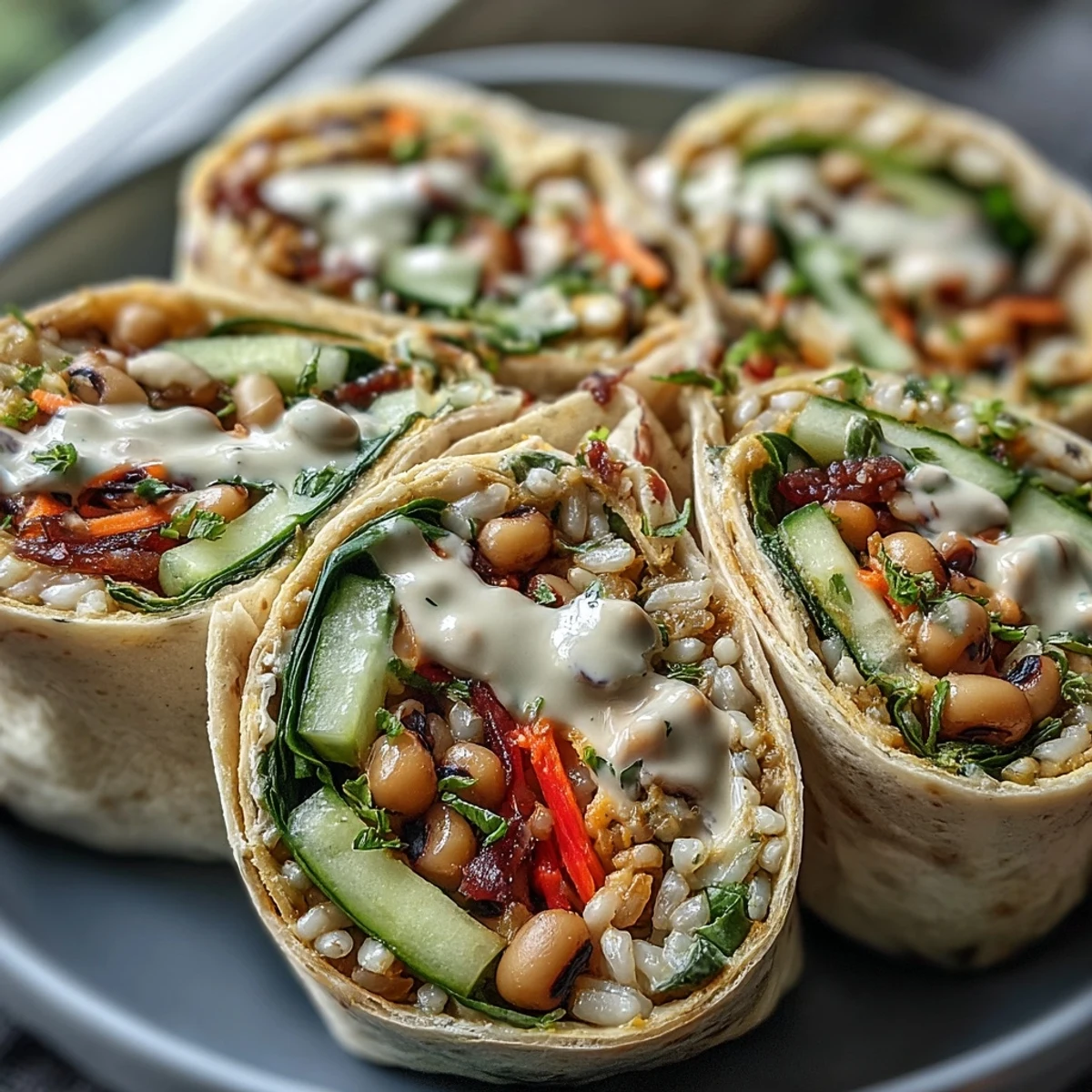 A close-up of vibrant Black-Eyed Pea Wraps, showcasing colorful layers of spinach, carrots, and bell peppers drizzled with lemon-tahini dressing.