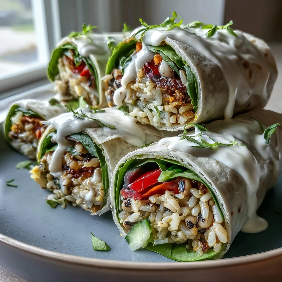Freshly prepared Black-Eyed Pea Wraps featuring whole wheat tortillas filled with seasoned peas, crisp veggies, and creamy tahini sauce.