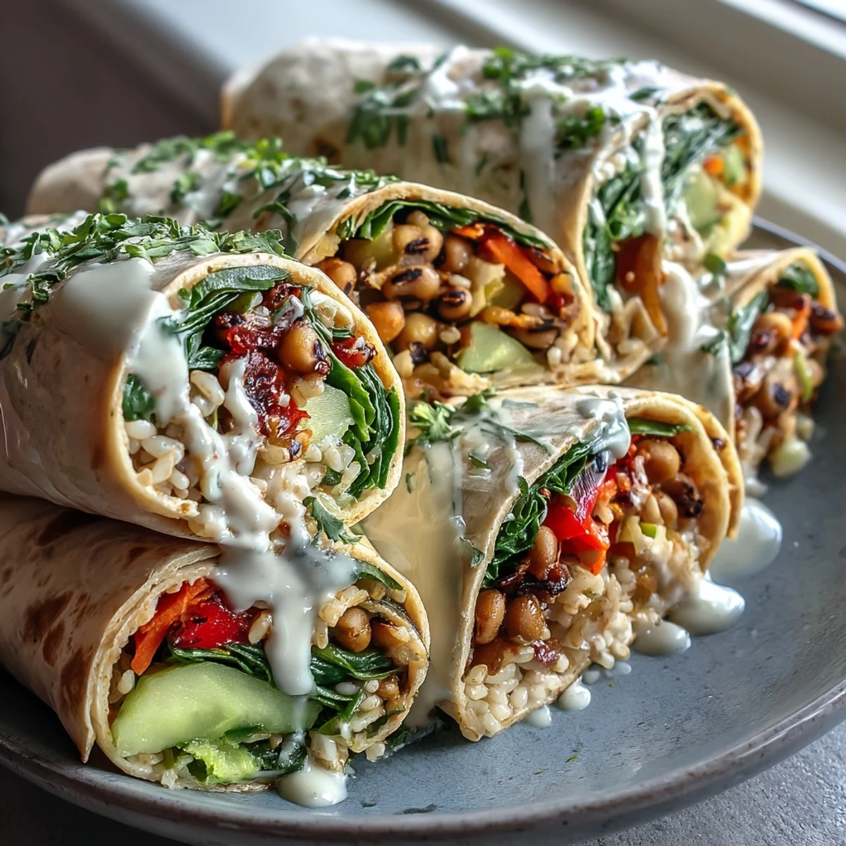 Sliced Black-Eyed Pea Wraps plated with a side salad, highlighting the wholesome vegan filling and golden-brown seared tortilla edges.