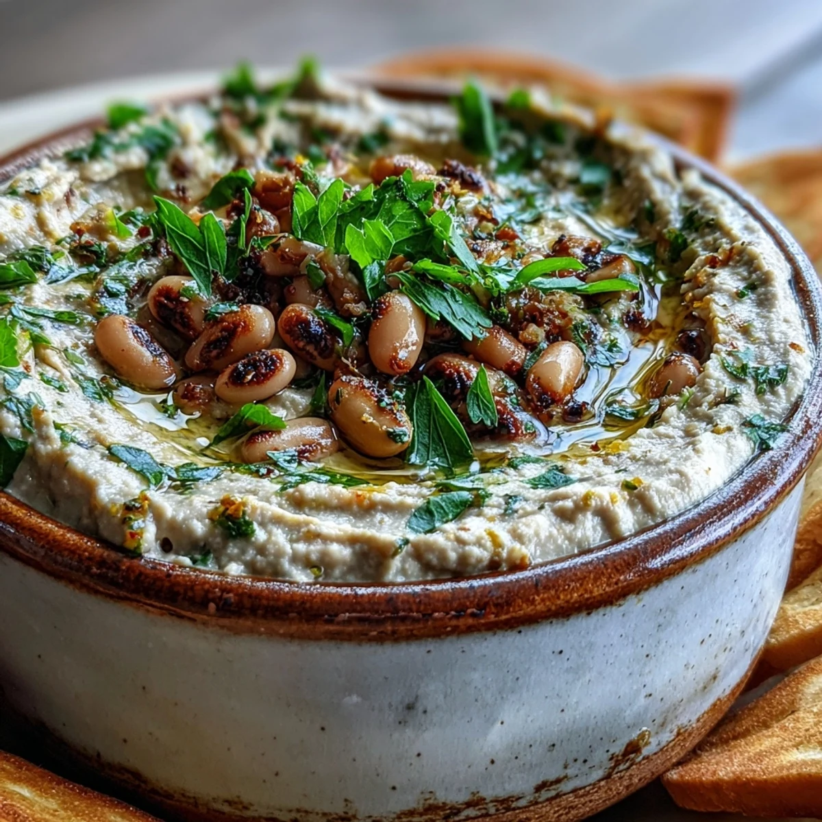 A creamy bowl of Smashed Black-Eyed Peas topped with olive oil and fresh parsley, perfect for dipping with pita chips.