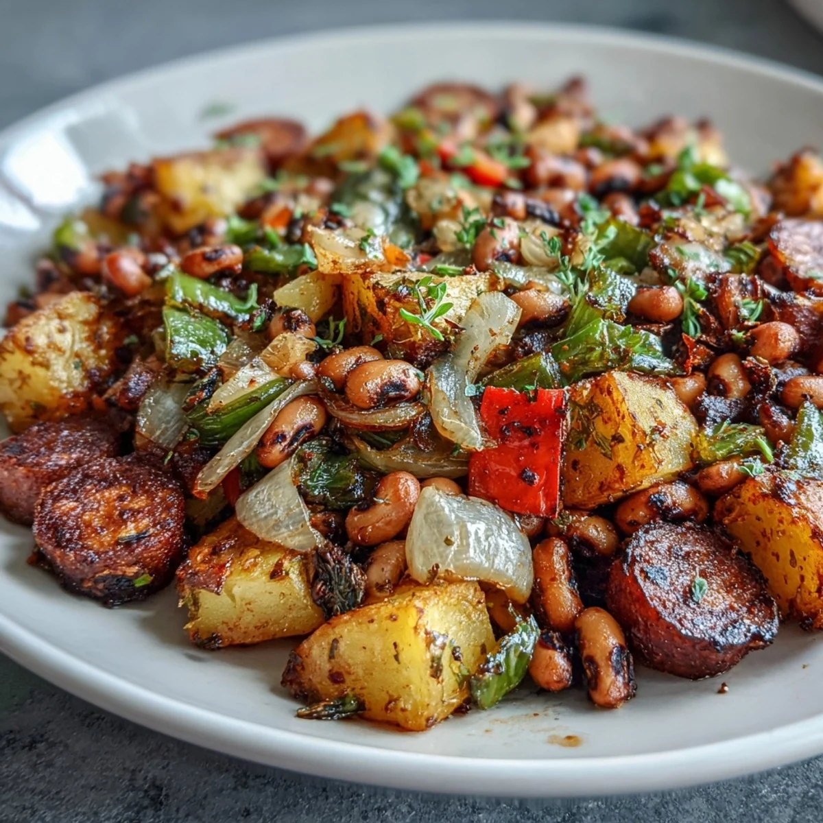 Golden roasted potatoes, black-eyed peas, and colorful bell peppers in Black-Eyed Pea Hash, served hot from the oven.