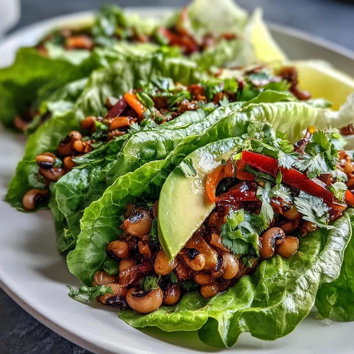 Hearty Black-Eyed Pea Lettuce Wraps topped with creamy avocado slices and hot sauce, served as a colorful vegetarian light meal.