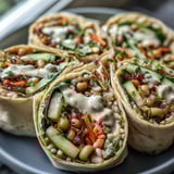 A close-up of vibrant Black-Eyed Pea Wraps, showcasing colorful layers of spinach, carrots, and bell peppers drizzled with lemon-tahini dressing.