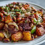 A savory skillet of Black-Eyed Pea Hash with diced Yukon Gold potatoes, onions, and peppers for a hearty breakfast.