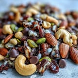 A colorful mix of almonds, cashews, pistachios, and dried cranberries, tossed with dark chocolate for a satisfying, homemade trail mix treat.