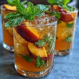 Refreshing summer mango peach sparkling tea, a fizzy blend of ripe fruit and chilled tea, perfect for hot days.  