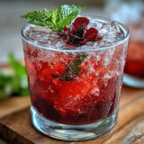 Golden hour glow on a glass of Sparkling Hibiscus Mint Lemonade Mocktail.