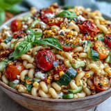 This fresh pasta salad bursts with sweet corn, juicy tomatoes, ideal for outdoor dining.