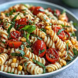 Colorful summer corn and tomato pasta salad, a refreshing summer side dish.