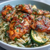 Bright, easy One-Pan Lemon Chicken and Zucchini Orzo with a citrusy lemon sauce.