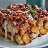 Golden brown peach cobbler cinnamon roll casserole, drizzled with icing.