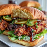Golden brown, fiery hot honey chicken sandwich ready to be devoured on a bun.