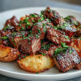Juicy pan-seared steak bites coated in rich garlic butter with roasted baby potatoes.