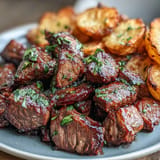 Juicy Garlic Butter Steak Bites and Potatoes plated, glistening with herbs.