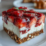 Close-up of vibrant Strawberry Pretzel Jello Salad, a Fourth of July favorite.