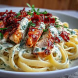 Tender chicken and pasta coated in a velvety tomato basil cream sauce.