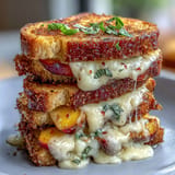 Golden toasted bread cradles sweet, spicy peaches and hot honey goodness.