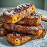 Warm, spiced pumpkin cinnamon toast sticks ready to be dipped in syrup.