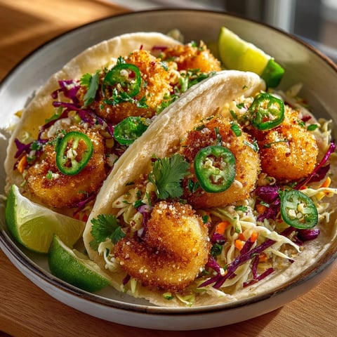 Beer-battered shrimp tacos with slaw arranged in soft tortillas, garnished with fresh cilantro and lime wedges.
