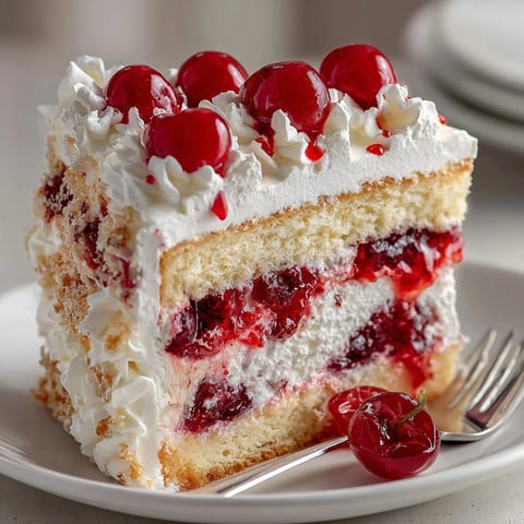Rebel Float Cherry Soda Cake, a fluffy dessert with cherry syrup and whipped topping, ready to serve.