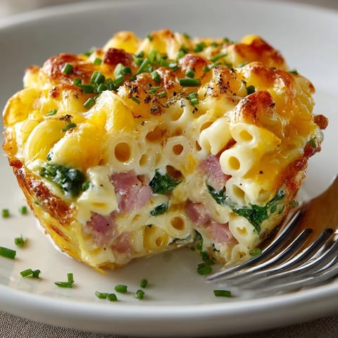 Mac and Cheese Breakfast Egg Muffins stacked on a plate, golden and cheesy for brunch.