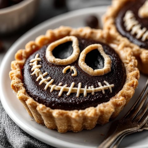 Rich, dark Jack Skellington Pie with a flaky crust and chocolatey filling.