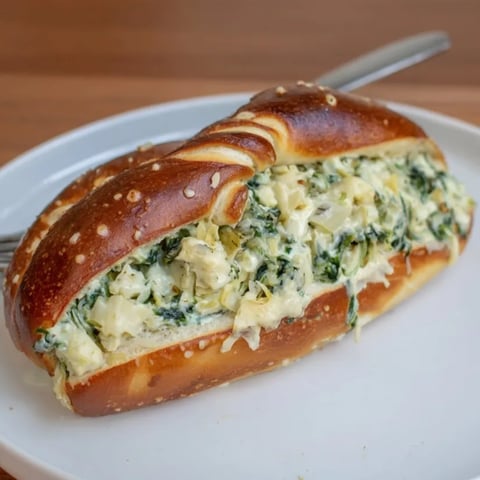 Golden Spinach and Artichoke Stuffed Pretzels on a baking sheet; savory comfort food.