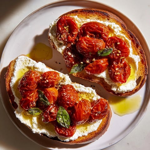 Creamy Ricotta Roasted Tomato Toasties, a simple appetizer with bright, fresh Mediterranean flavors.