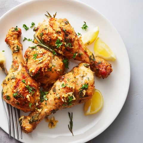 Golden-brown Garlic Herb Roasted Chicken Drumsticks, fresh herbs visible, served with lemon wedges.