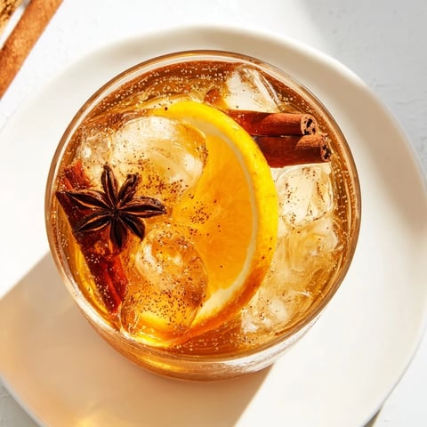 Cozy cinnamon-spiced chai fizz mocktail topped with fresh citrus and sparkling bubbles.  