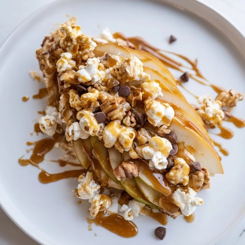 Caramel Popcorn Apple Nachos topped with crunchy popcorn and gooey caramel drizzle.  