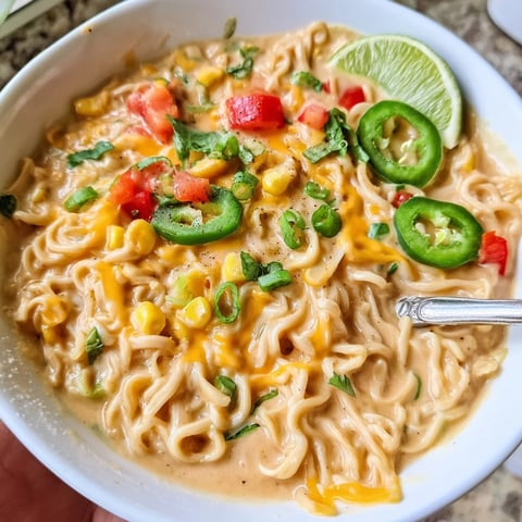 A creamy queso ramen bowl with vibrant toppings and rich flavors awaits you.  