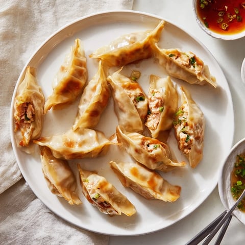 Savory Thanksgiving turkey pot stickers, crispy and stuffed with flavorful turkey and cranberries.  