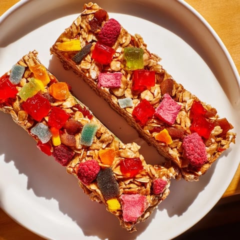 Colorful DIY snack bars topped with chewy gummies and freeze-dried candy.